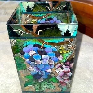 AMIA Studio Hand Painted Glass Vase  Grapes and vines. Flowers grapes 8” Rare